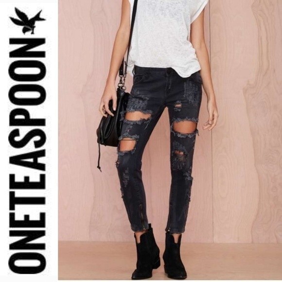One Teaspoon Trashed Freebirds Jeans Fox Black Ripped Low Rise Distressed Y2K 24 - Picture 1 of 16